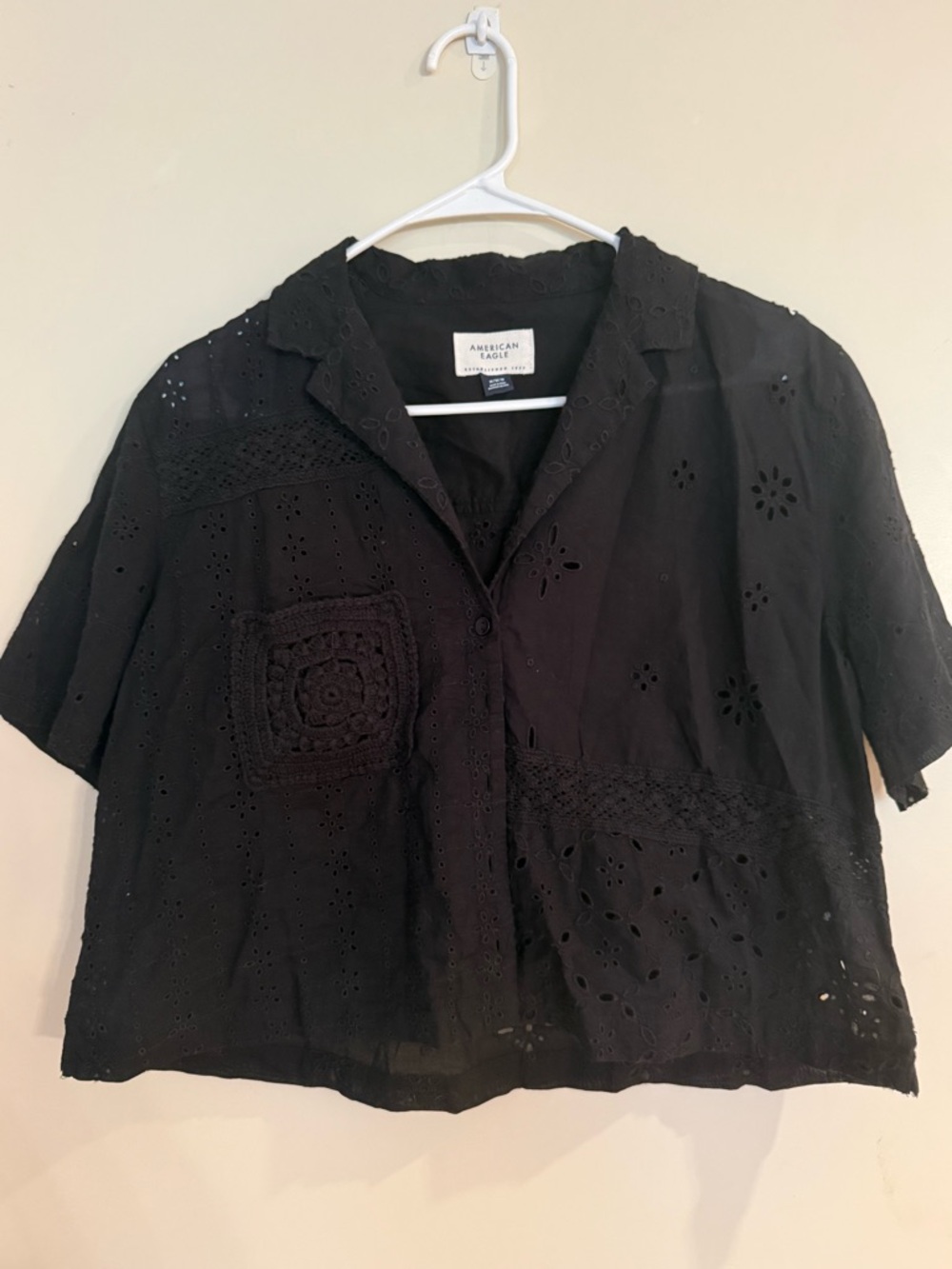 American Eagle Outfitters Black Eyelet Crochet Button-Down Top